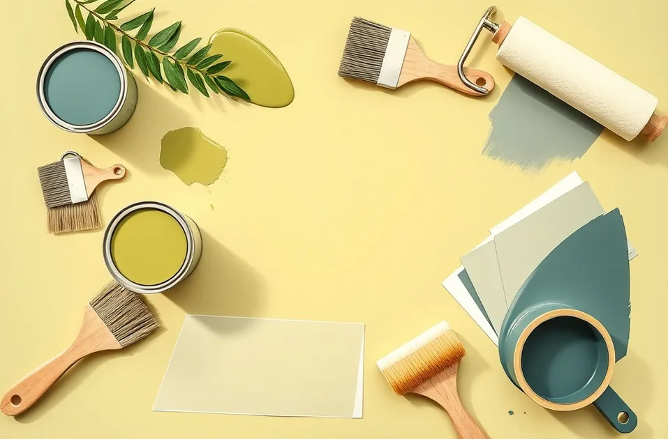 Pots de peinture, nuancier, brosses et rouleaux disposés à plat