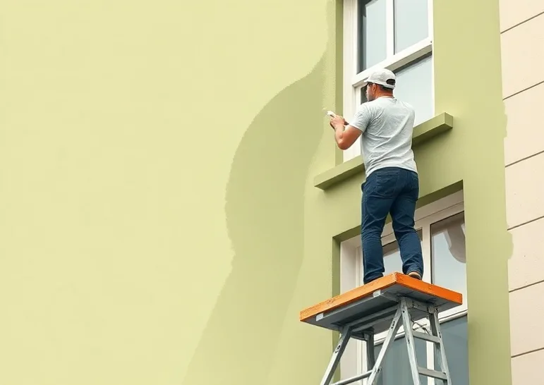 Peintre sur échafaudage traitant la façade d'une maison