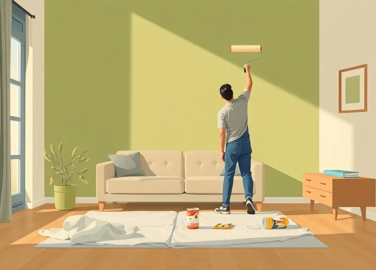 Peintre appliquant la peinture au rouleau sur un mur de salon